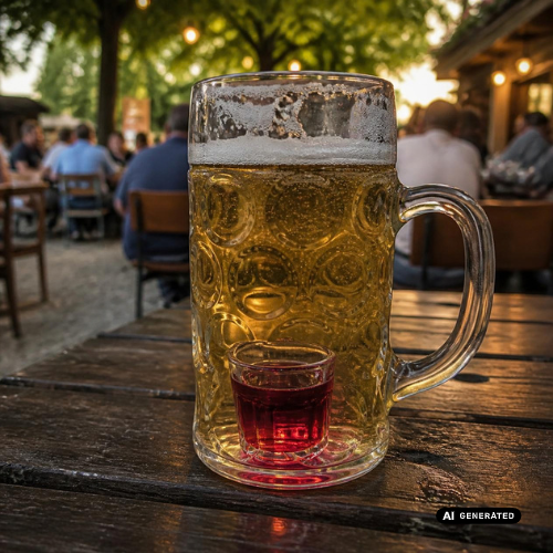 Laternenmaß im gläsernen Maßkrug mit hellem Bier, Zitronenlimonade und rotem Kirschlikör im versenkten Schnapsglas