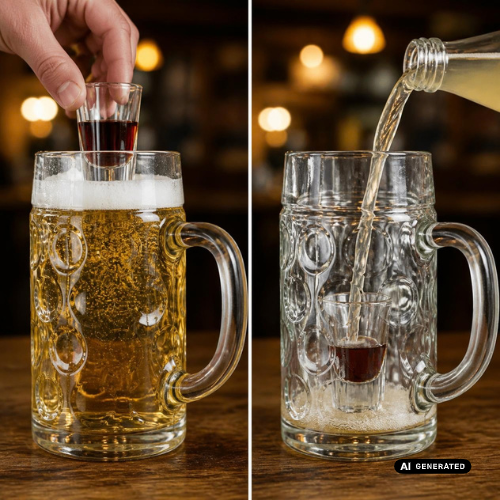 Geteilte Darstellung: Links wird ein kleines Glas Rotbier in einen großen Bierkrug mit goldenem, schäumendem Bier gestellt. Rechts wird helles Bier aus einer Flasche in einen leeren Bierkrug gegossen; darin steht ebenfalls ein kleines Glas Rotbier.