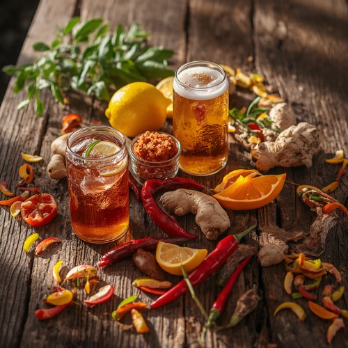 Chili, Zitrone und Gewürze neben zwei Gläsern Bier