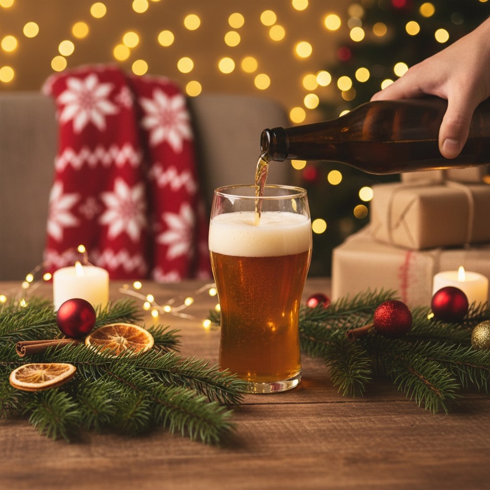 Hand schenkt Bier in ein Glas auf weihnachtlich dekoriertem Tisch mit Lichterkette, Tannenzweigen und Kerzen.