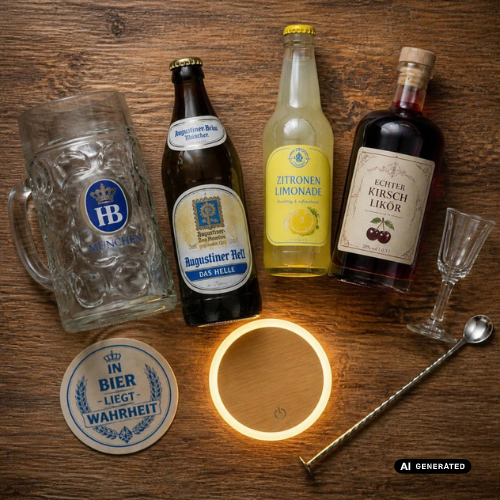 Flatlay mit Maßkrug, 0,5-l-Flasche Helles, Zitronenlimonade, Kirschlikör-Flasche, kleinem Glas, Barlöffel und Bierdeckel. Optional ein warmer LED-Untersetzer als sichtbares Party-Gadget.