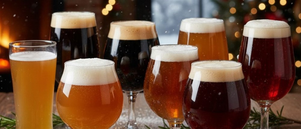 Verschiedene Biergläser mit hellem und dunklem Bier auf Holztisch, dekoriert mit winterlichen Gewürzen und Weihnachtslichtern.