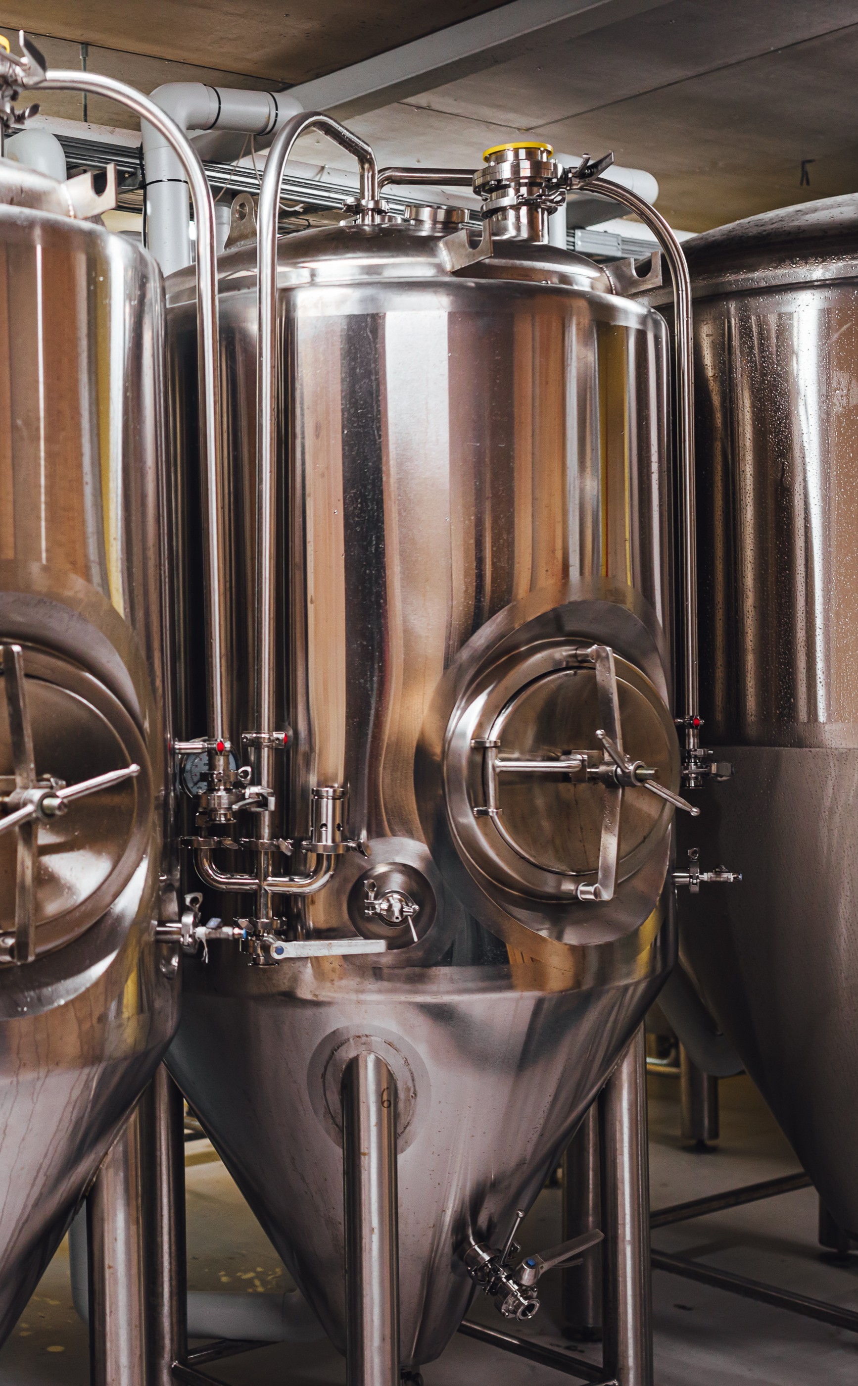 Edelstahl-Gärtanks in einer Brauerei, verwendet zur Bierherstellung und Gärung, mit Rohrleitungen und Druckanzeigen.