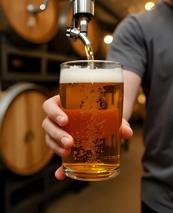 Frisch gezapftes Bockbier in der Hand eines Brauereimitarbeiters vor Holzfässern – authentischer Einblick in die Bierherstellung und Zapfkultur für Bierliebhaber und Einsteiger ins Bierwissen.