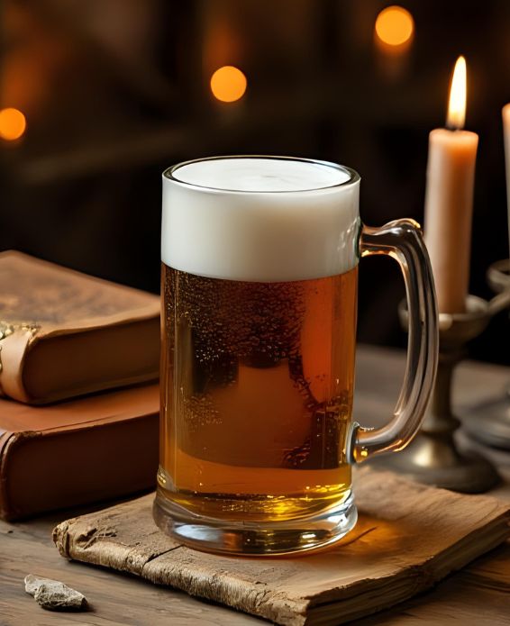 Bockbier im mittelalterlichen Ambiente: Ein frisch gezapftes Bier mit cremigem Schaum in einem gläsernen Krug, umgeben von alten Büchern und Kerzenschein – stimmungsvolle Szene zum Thema Biergeschichte und Bockbier-Tradition.
